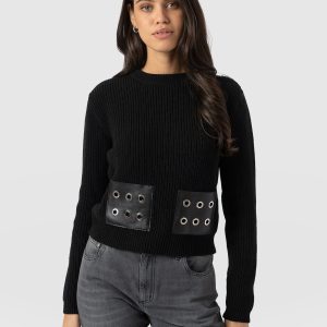 Eyelet Rib Knit Sweater - Black